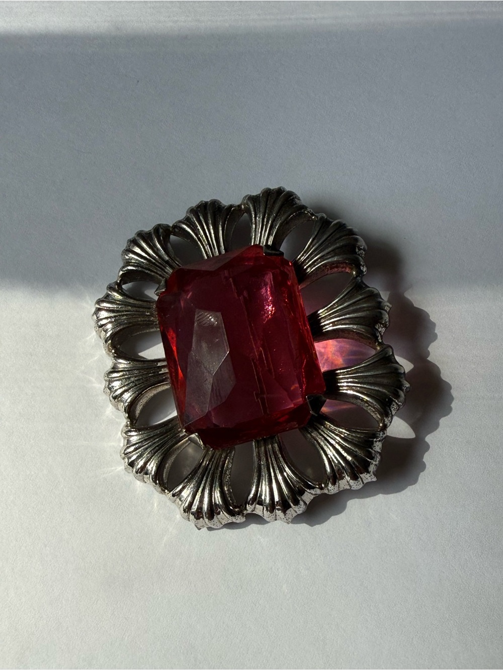 Large Silver Red Gem Accent brooch